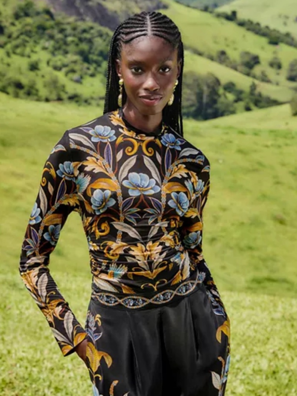 FARM Rio Black Long Sleeve Tee with Blue Floral and Gold Scrolls
